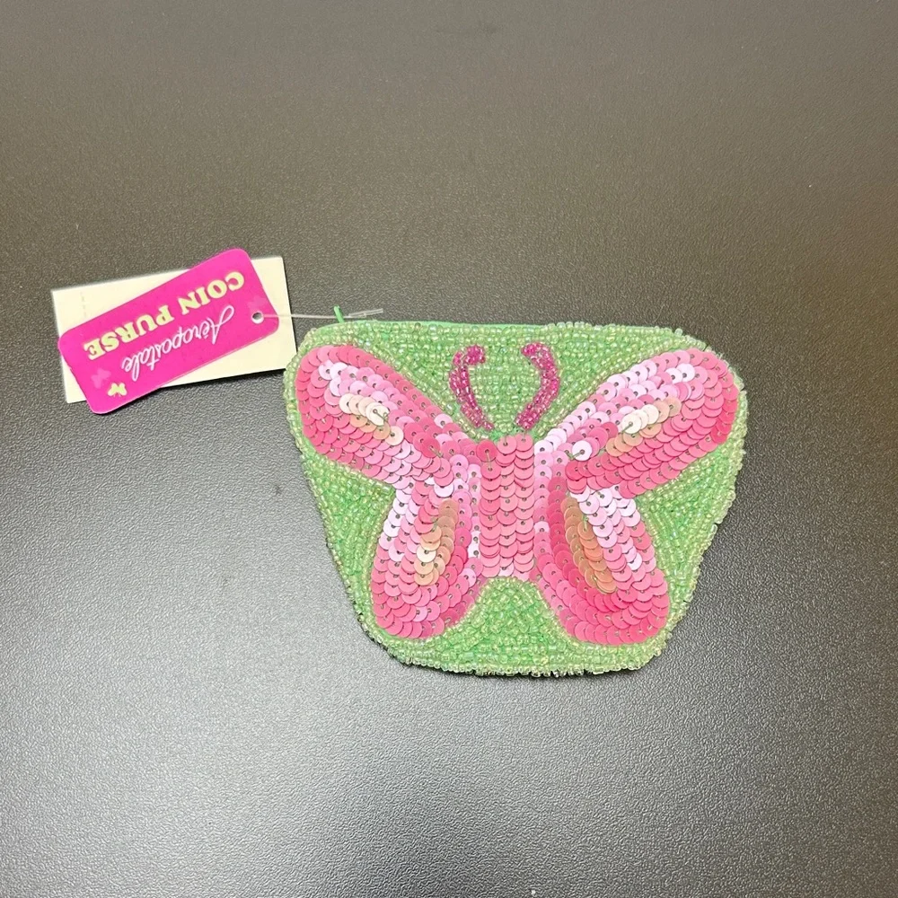 Aeropostale‎ Pink Sequin Butterfly Coin Purse Zipper Closure NWT